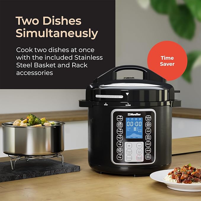 Mueller 6 Quart Pressure Cooker 10 in 1, Cook 2 Dishes at Once, Tempered Glass Lid incl, Saute, Slow Cooker, Rice Cooker, Yogurt Maker and Much More