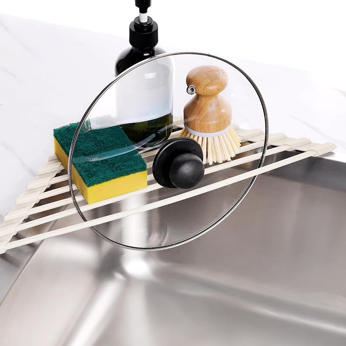 Tomorotec Compact Silicone-Coated Triangle Dish Drying Rack for Sink Corner - Foldable Stainless Steel Over-The-Sink Organizer and Storage Shelf(Cream Color)