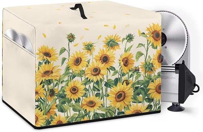 Meat Slicer Cover for Home Use Dust-proof Food Slicers Meat Slicer Protection Case with Side Pockets for Stainless Steel Blade, Brush, Recipe Kitchen Decor, Sunflower Green Leaf Print