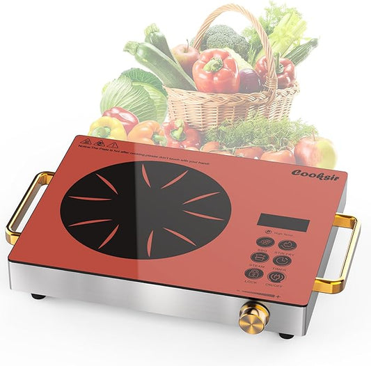Single Burner Electric Cooktop - 110V 1800W Portable One Burner Hot Plate, Countertop Electric Stove top for Home, Camping, RV, Timer, Child Lock, Steam, BBQ, Stir Fry, 120V Plug in (Orange)