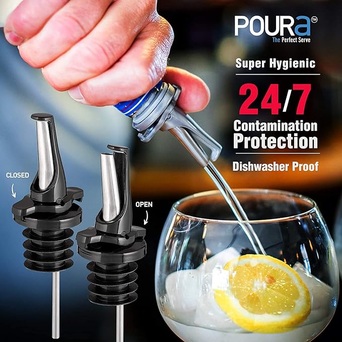Poura 4 Liquor Pour Spouts (Black) with Built-in Caps for Optimal Fly & Dust Protection - Dishwasher Safe, Hygienic Spouts - with 2 Adapters for Large Neck Bottles