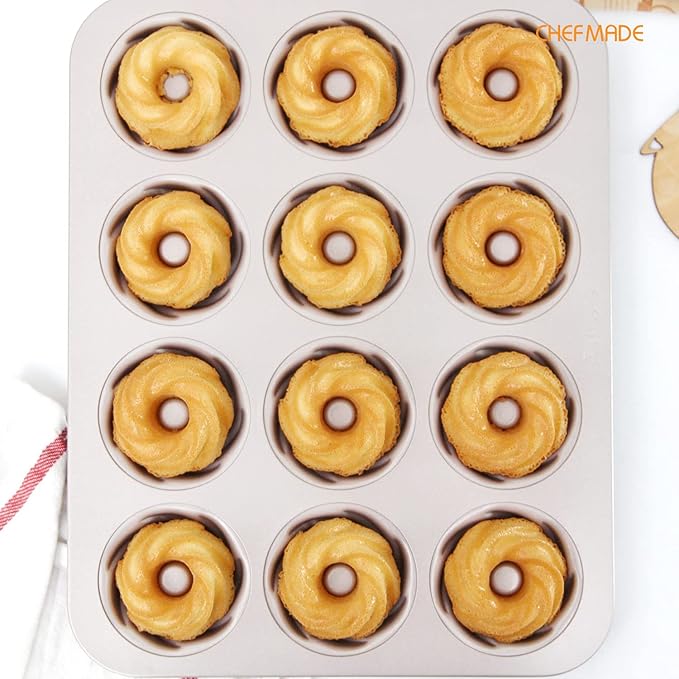 CHEFMADE Tube Cake Pan, 12-Cavity Non-Stick Cyclone Doughnut Bakeware for Oven Baking (Champagne Gold)