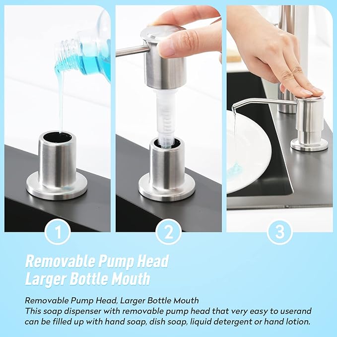 CREA Kitchen Sink Soap Dispenser Countertop for Kitchen Sink, Stainless Stee Built in Sink Soap Dispenser Brushed Nickel for Bathroom with 39" Tube Large Capacity 17 OZ Bottle