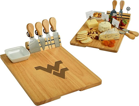 Picnic at Ascot NCAA West Virgina University Officially Licensed Mountaineers Bamboo Cheese/Charcuterie Board with Ceramic Bowl, Knife Set & cheese Markers