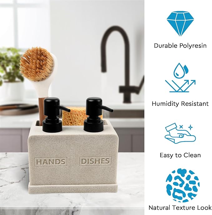 Hand and Dish Soap Dispenser Set for Kitchen Sink,Dual Soap Dispenser with Sponge Caddy and Brush Holder 4-in-1 Countertop Organizer for Kitchen Bathroom,Useful Kitchen Gadgets-Beige