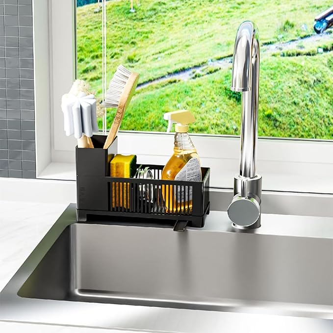 Sink Caddy & Kitchen Sink Organizer,Black Sponge Holder with High Scrub Brush Holder,Plastic Kitchen Countertop Organizer,Multifunctional Sponge Drain Rack,Dish Soap,Dish Sponge Holder,Soap Dispenser