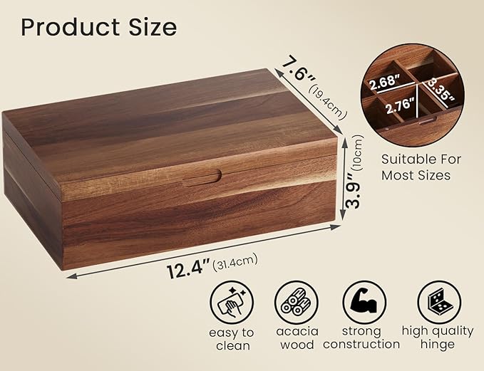 Acacia Wood Tea Bag Organizers, Tea and Sugar Packet Storage Chest with Lid, Wooden Teabag Holder Containers,Tea Box with 8 Compartments