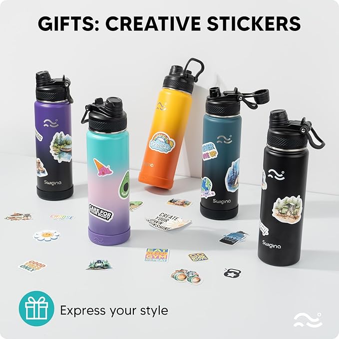 Swigina Insulated Water Bottle with Silicone Boot (36hrs Cold/18hrs Hot) - DIY Stickers, Leakproof, BPA Free, 24 oz [2-IN-1 LID]