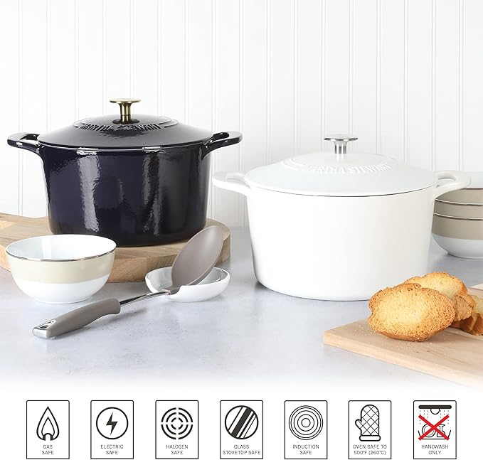 MARTHA STEWART Gatwick 7-Quart Enamel Cast Iron Dutch Oven Pot with Lid – Matte White – Durable Heavy-Duty Dutch Oven for Slow Cooking, Braising & Baking