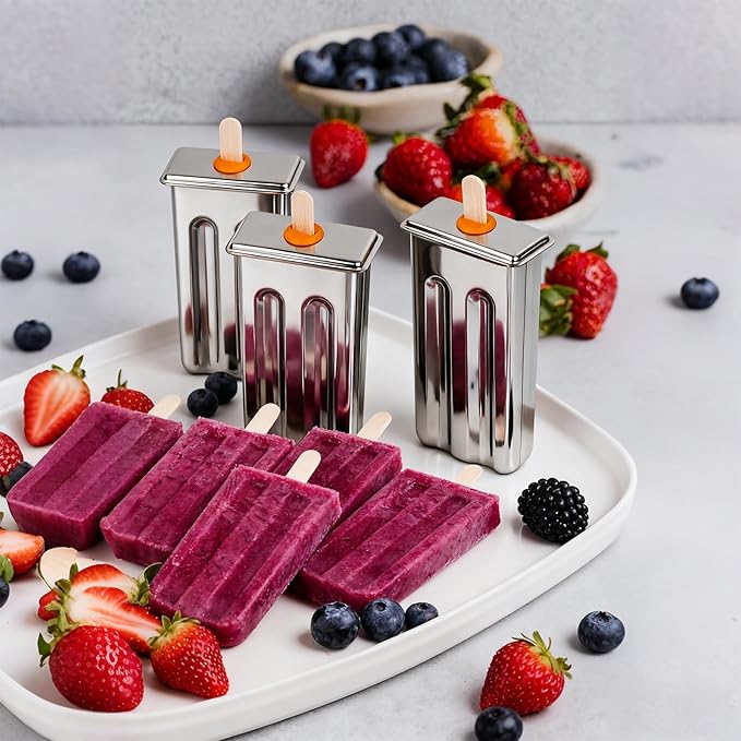 Popsicle Molds Set 6 Pieces Stainless Steel Ice Popsicle Maker, Homemade Popsicle Molds with 50 Sticks, 20 Bags, 14 Silicone Seals, 1 Cleaning Brush & 1 Stand, DIY Ice Pop Mold Maker for Kids (Square)