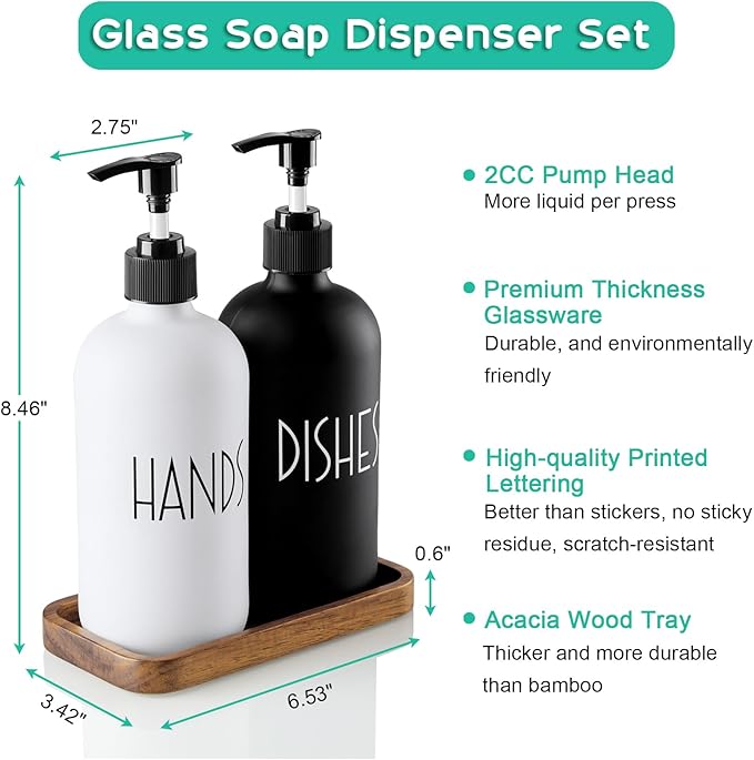 ALELION Glass Dish Soap Dispenser for Kitchen - 16 OZ Hand Soap Dispenser Set with Pump and Acacia Wood Tray - Black White Modern Farmhouse Kitchen Bathroom Decor and Accessories