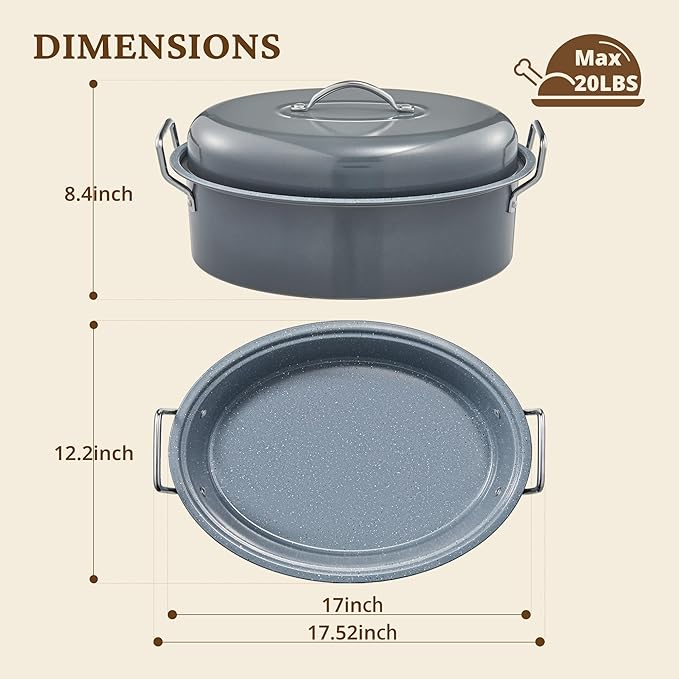BRONYPRO Roasting Pan with Rack, 18-Inch Granite Roaster with Lid, 20 lb Capacity for Turkey, Chicken, and Vegetables, Light Gray