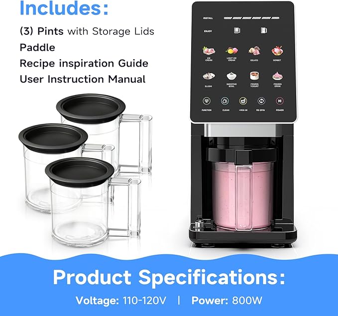 Ice Cream Maker & 10-in-1 Frozen Treat Maker, 20 oz (3 Pints), Mix-In + Re-Spin for Creamy Texture, Gelato, Sorbet, Slushie, Frozen Yogurt & Smoothie Bowls Machine for Homemade, Recipe Guide
