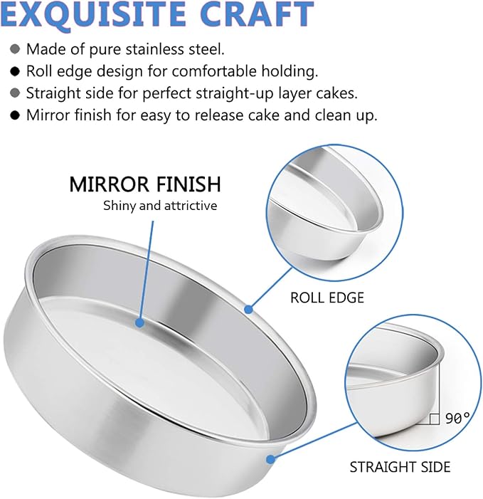 E-far 8 Inch Cake Pan Set of 4, Stainless Steel Round Layer Cake Baking Pans, Non-Toxic & Healthy, Mirror Finish & Dishwasher Safe