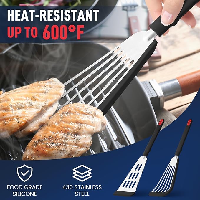 Silicone Fish Spatula Turner Set of 2,2-in-1 Heat Resistant Silicone Slotted Fish Spatulas for Nonstick Cookware,Flexible Thin Stainless Steel Slotted Fish Turner Spatula Flipper for Fish,Egg,Pancake