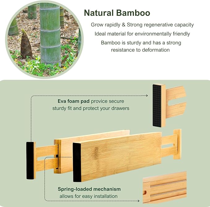 6-Pack Bamboo Drawer Dividers Organizer – Expandable 17''-22'' Kitchen & Clothing Storage for Deeper drawers of Dresser, Bedroom, Kitchen, Office