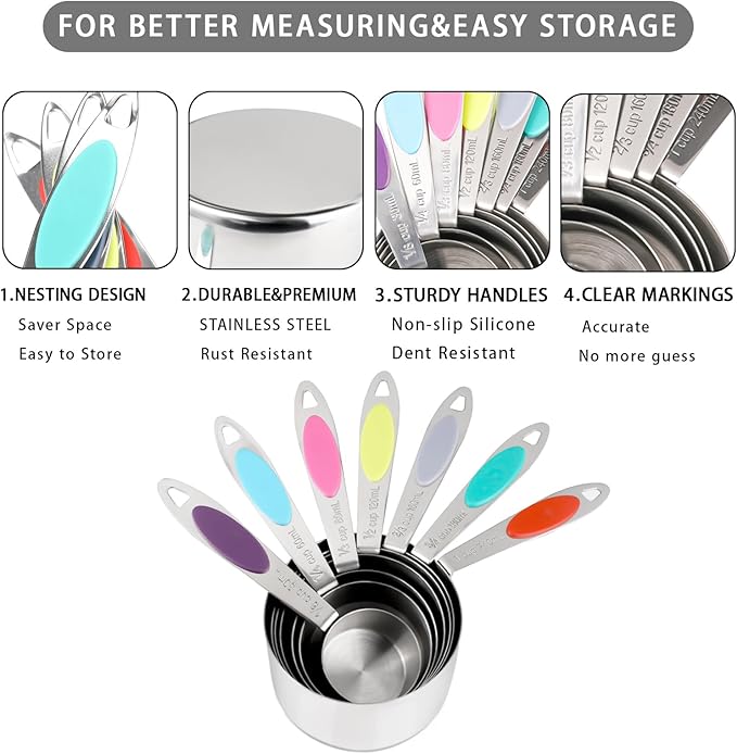 Magnetic Measuring Cups and Spoons Set, 12 Piece Stainless Steel Measuring Cups and Spoons Set, Nesting Kitchen Gadgets with Removable Clasp for Cooking & Baking (Colorful)