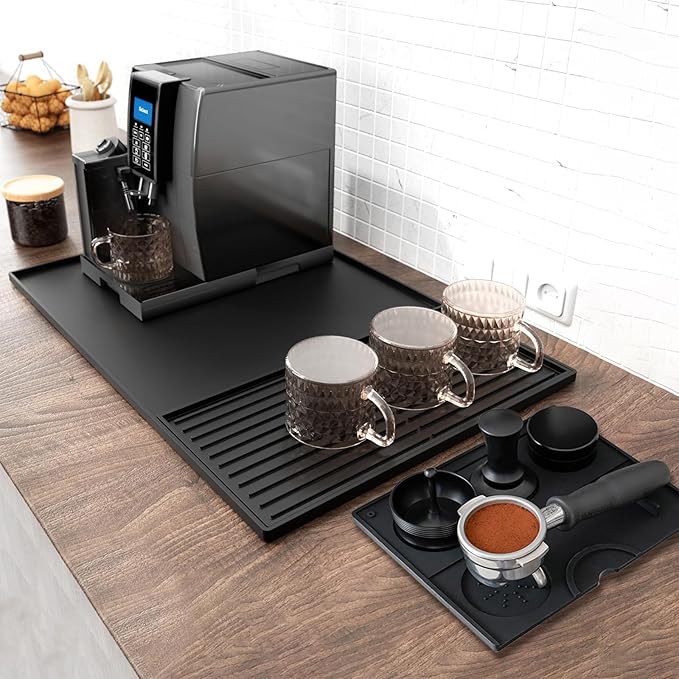 3-Pack Silicone Coffee Mat Set, 24" x 16" Coffee Bar Mat for Countertop with Separable Small Drying Mat and Espresso Tamping Mat, Fit Under Coffee Maker Espresso Machine, Black