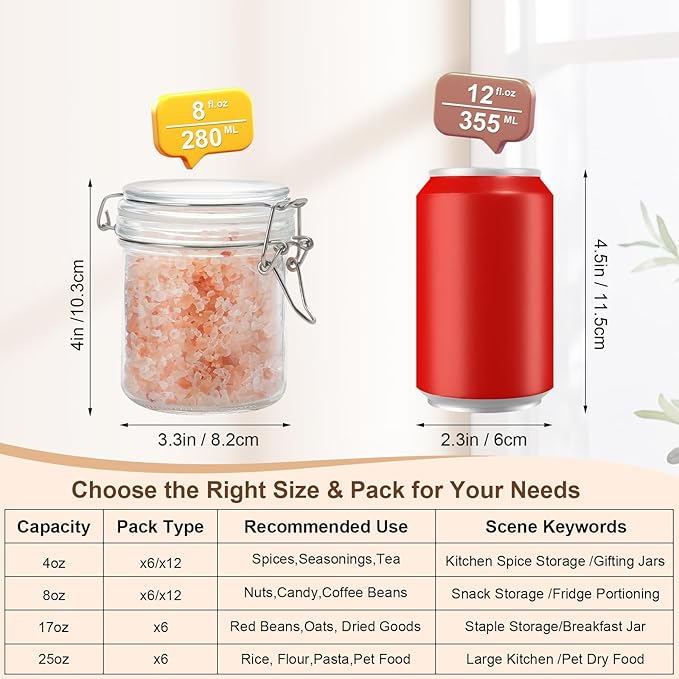 Small Glass Jars with Lids 8 oz, Airtight Clamp Lid Glass Storage Jars, Thick Lead-Free Glass Containers for Pantry Organization, Jam, Yogurt, Overnight Oats, Food Storage