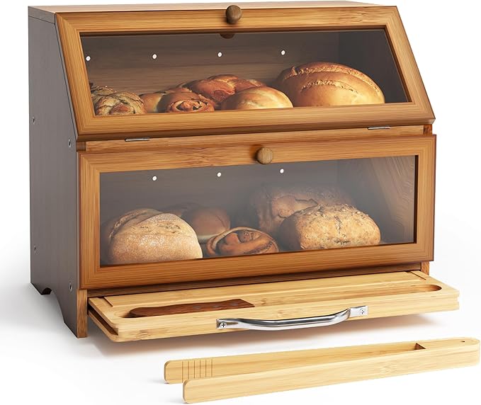 MAISONPEX Double Layer Bamboo Bread Box for Kitchen Countertop, Large Capacity, Cutting Board, Stainless Steel Bread Knife, Double Layer Storage Container with Clear Windows, Walnut