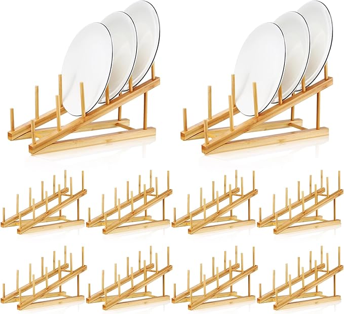 Suclain 10 Pcs Wooden Bamboo Dish Drying Rack Kitchen Cabinet Organizer for Cabinet Cutting Board Display Stand for Dish Plate Bowl Water Bottles Cup Pot Lid Cutting Board