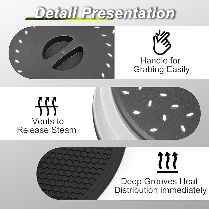 12"&10" Microwave food Cover and Mat,Large Vented Collapsible Splatter Guard dish Plate lid & Silicone Round Kitchen mat,4 in 1