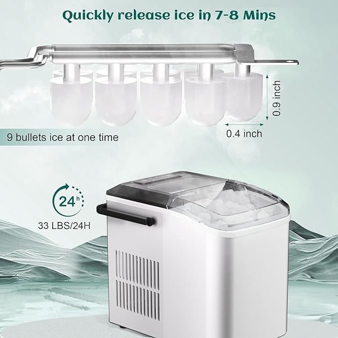 Maine Bullet Ice Maker, Counter Top Ice Maker with Portable Carrying Handle, 33 lb/24H Portable Ice Maker Suitable for Home, Office, Kitchen, RV, 9 Cubes Ready in 7-8 Mins