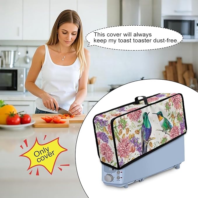 Toaster Cover 2 Slice Floral Hummingbird Slim 2 Slice Toaster Cover, Easy to Fold and Carry, Heat-Resistant Dustproof Protective Covers for Small Appliance
