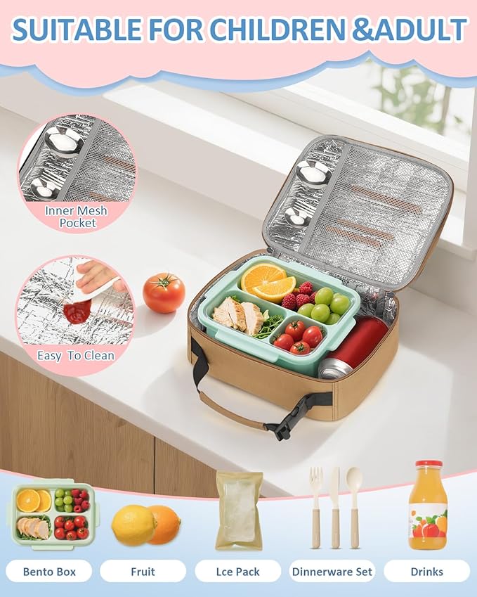Capolo Insulated Lunch Bag for Kids and Adults, Lunch Box for Men Women, Insulated Reusable Lunch Bag for Work and School, Portable Lunch Box Cooler Bag, Cute Easy to Clean Lunch Tote Meal Bag, khaki