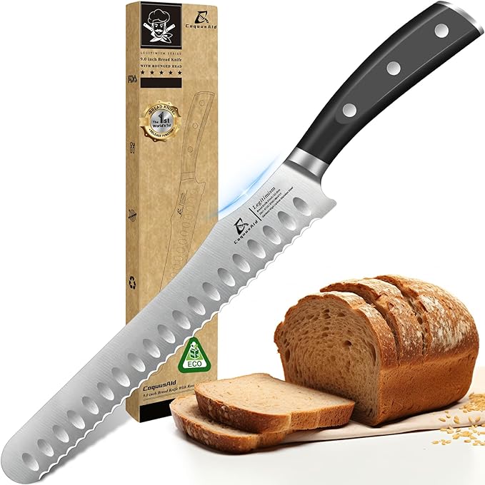 CoquusAid Bread Knife for Homemade Bread, 9 Inch Multifunction Serrated Knife, Razor Sharp Slicer, High Carbon German Steel Bread Cutter, Ergonomic Handle Design for Sourdough Turkey Fruit Cutting