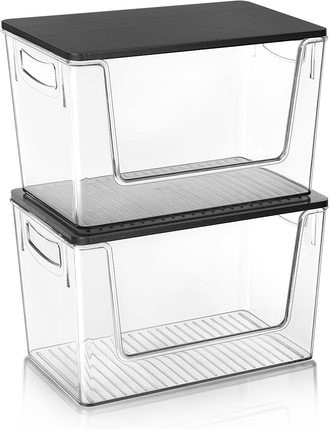 Pantry Organizers Storage, Under Sink Organizer Trash Bag Holder with Bamboo Lids Large Capacity Clear Storage Bins for Onion, Potato, Garlic, Canned Food Kitchen Countertop Organizer (Black lid)