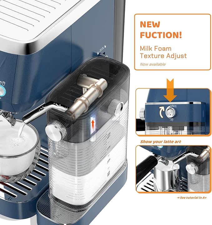MAttinata Cappuccino Machine 20 Bar, Professional Espresso Machines for Home and Office with Automatic Milk Frothering System, Barista Compact Latte Maker for Coffee Lovers, Stainless Steel-Blue