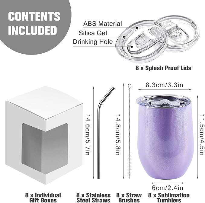 BetterSub 8 Pack 12oz Glitter Purple Wine Tumblers - Double Wall Insulated Sublimation Blanks, Stainless Steel Cups With Lid, Metal Straw, Brush, Display Box (Glitter Purple)