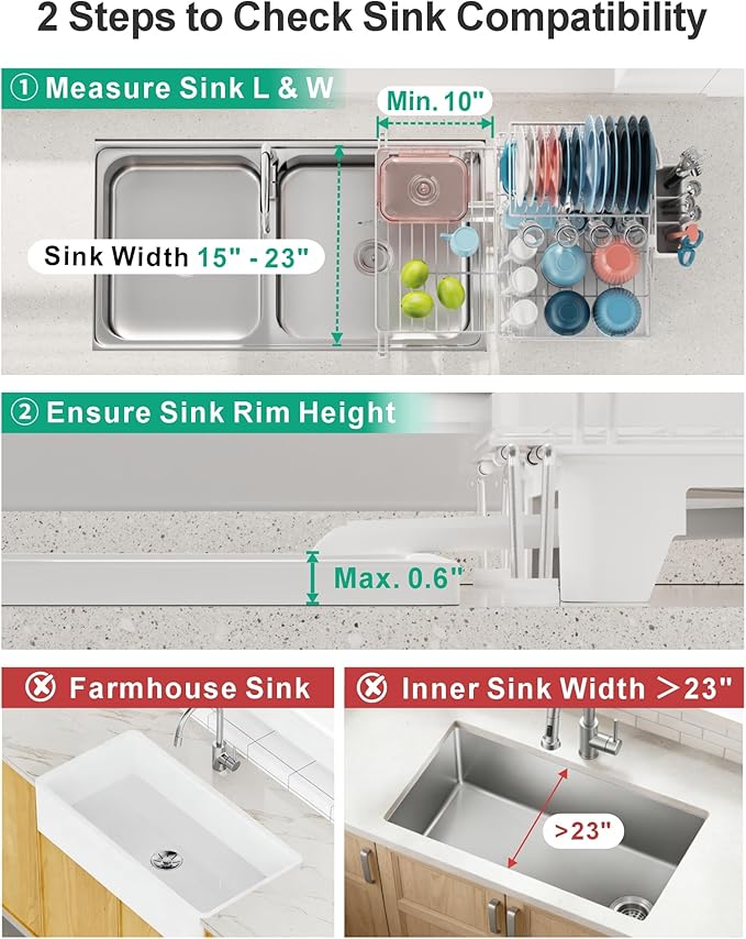 iSPECLE 2 Tier Dish Drying Rack for Kitchen Counter, Expandable Large Dish Drainer with Drainboard Set, Rust Resistant Dish Rack with Utensil & Cup Holder, 16.9" W x 14.4"-22.4" L, White