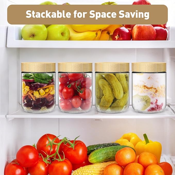 Overnight Oats Containers with Lids,16oz Wide Mouth Glass Mason jars with Bamboo Lid,Oatmeal Containers with Airtight Lid and Spoons,Meal Prep Jars for Yogurt,Chia Pudding,Snacks,Salad,Spice(6Pack)