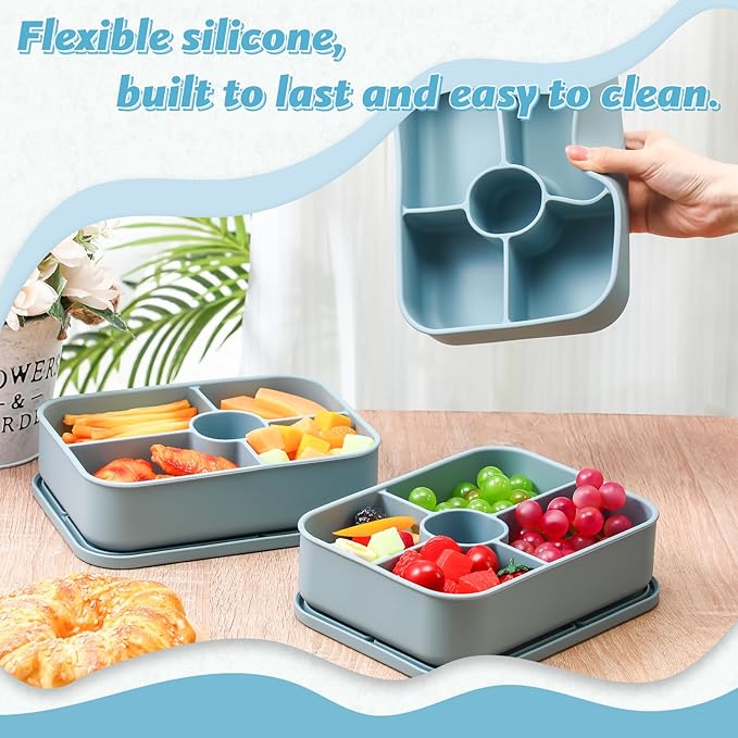 Jingmore 4 Pack Silicone Bento Boxes for Adults, 5 Compartment Reusable Lunch Containers with Sauce Section, Leakproof Meal Prep Snack Box Microwave & Dishwasher Safe for Office(Blue)