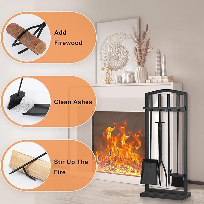 Gtongoko 29 Inch 5 Pieces Fireplace Tools Set with Stand, Outdoor Fire Tools for Fireplace with Poker, Shovel, Brush, Tong and Base, Fireplace Accessories Fire Place Set Tools, Black