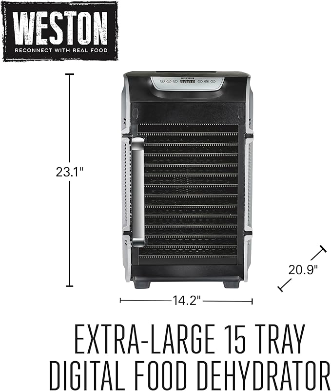 Weston Food Dehydrator Machine for Jerky, Fruit, Meat, Herbs, Vegetables, with Precision Digital Temperature Control (90-160F), 15 Stackable Trays (15.5 sq. ft.), Gray (75-1501-W)