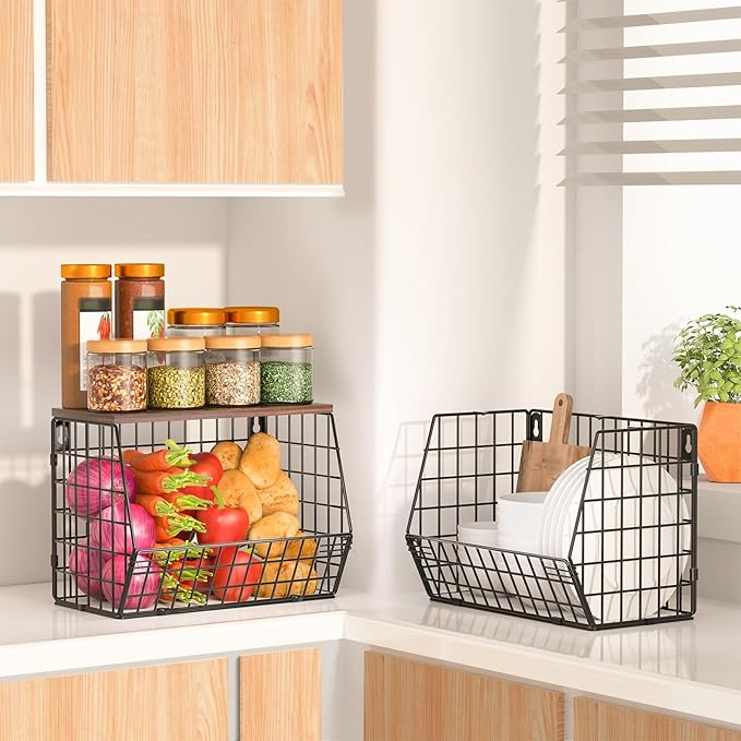 Wawocs Fruit Basket for Kitchen Counter 2 Tier Fruit Bowl, Stackable Wall Mounted Hanging Fruit Basket Wire Baskets with Wood Lid with 4 Banana Hanger Hooks, Onion Basket, Fruit and Vegetable Storage