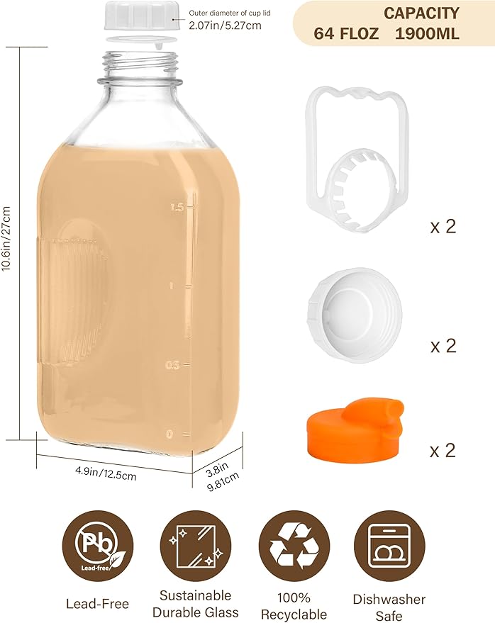 KMIGRUAN 2QT Heavy Duty Glass Milk Bottle with Lid,2Pack 64oz Glass Milk Jug with Reusable Airtight Screw Lid,Bottles for Juice,Water,Oat or Plant Milks