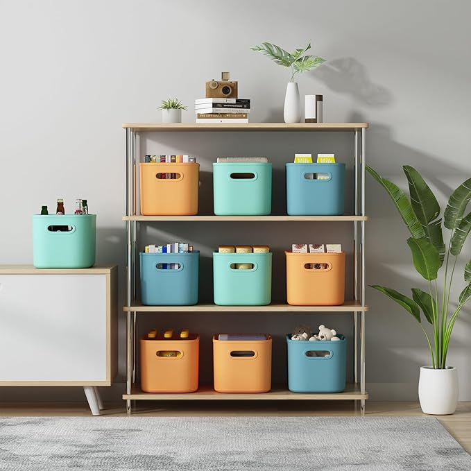 ORGIDOL 6 Pack Colorful Storage Bins with Lids Stackable Storage Container for Organizing, Storage Boxes with Handle for Shelves, Cute Storage Bin for Craft, Snacks, 9.85x6.9x5.7 inch