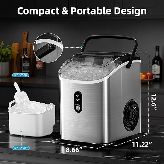 Antarctic Star Nugget Ice Maker Countertop, 34 lbs/Day Pellet Ice Machine with Self-Cleaning, Fast Ice Ready in 10 Minutes, Portable Ice Maker with Handle for Home, Office(Stainless Steel Silver)