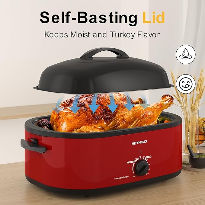 20 Quart Electric Roaster Oven with Self-basting Lid, Turkey Roaster Oven with Removable Pan and Rack, RED