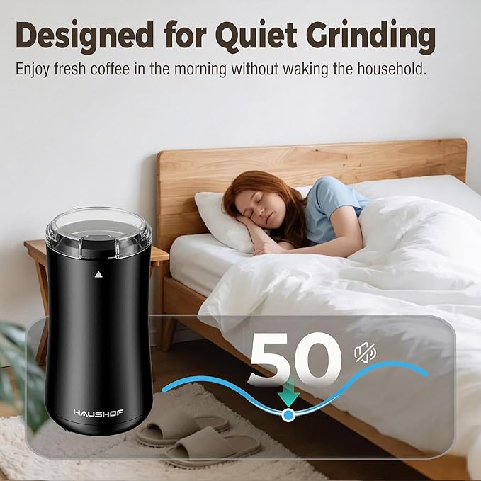 HAUSHOF Coffee Grinder Electric, One Touch Coffee Bean Grinder for Beans, Spices, Herbs and Seeds, Compact Design, with Clean Brush Black