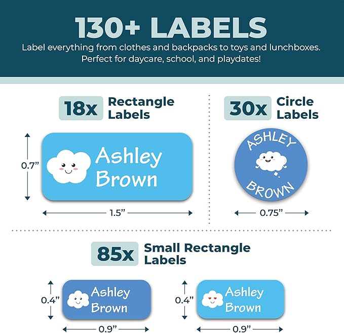 Personalized Daycare Name Labels for Kids (130 Labels) - Custom Waterproof Name Stickers for Clothing Tags, Water Bottles, Lunch Boxes and School Supplies (Clouds)