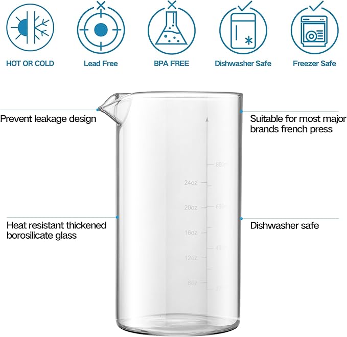 Standard Universal Design 34 oz French Press Replacement Glass Beaker, Fits Most Brands French Press Coffee Makers (1Quart / 1000ml / 5-6 Cup) Coffee Press Borosilicate Glass Water Bottle (Grey)