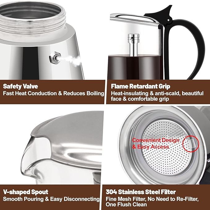 4 Cup Glass Transparent Moka Pot Stainless Steel Uncoated Stovetop Espresso Maker Italian Coffee Makers Mocha Greca Machine Cafe Classic Induction Cookers for Home Camping 220ml