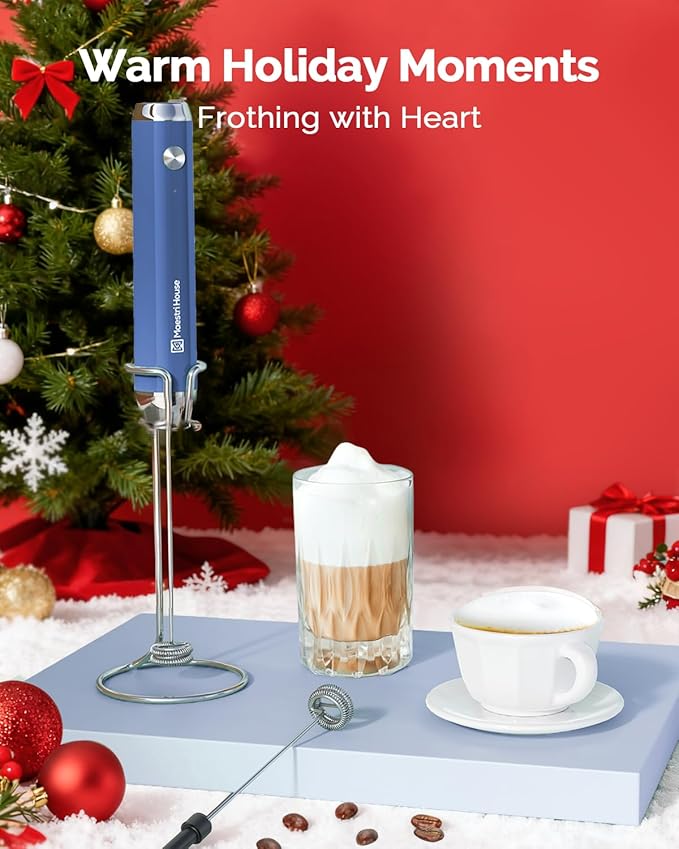 Maestri House Rechargeable Milk Frother with Stand, Handheld Electric Foam Maker Waterproof Detachable Stainless Steel Whisk Drink Mixer Foamer for Lattes, Cappuccino (Midnight Blue (Gift Box))