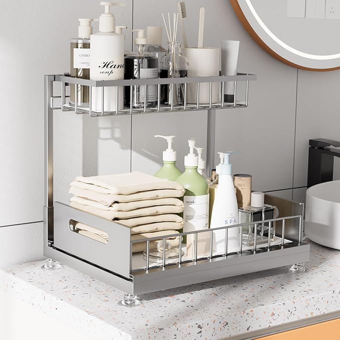 Saydear Under Sink Organizer Storage 2-Tier Premium Metal Pull-Out Kitchen Cabinet Organizer with Sliding Drawer, Height Adjustable, Heavy Duty for Kitchen & Bathroom Organizers 2 Pack Grey