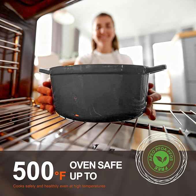 Overmont Enameled Cast Iron Dutch Oven - 5.5QT Pot with Lid Cookbook & Cotton Potholders - Heavy-Duty Cookware for Braising, Stews, Roasting, Bread Baking Grey